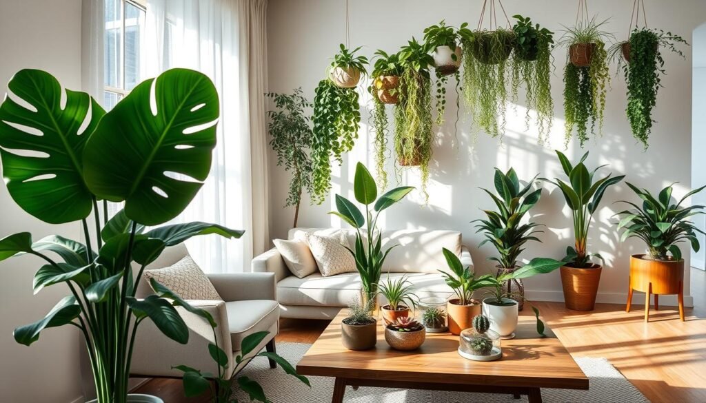 A beautifully styled apartment interior featuring a variety of houseplants as focal points. In the foreground, a large potted monstera plant with lush, green leaves sits elegantly next to a modern armchair. The middle ground showcases a stylish wooden coffee table adorned with smaller plants such as succulents and ferns in decorative pots. In the background, light filters through sheer curtains, casting soft shadows on the wall and illuminating a cascading arrangement of hanging plants from the ceiling. The scene is captured from a slightly elevated angle with warm, natural lighting, creating a cozy and inviting atmosphere that highlights the beauty of combining heights and textures in indoor plant decor.