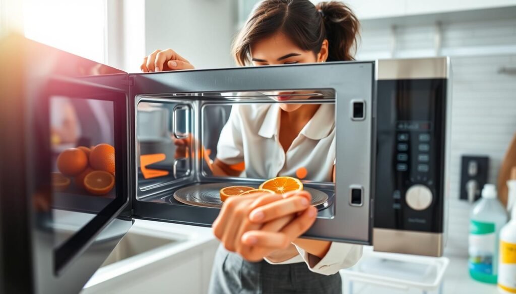 A clean and modern kitchen setting focused on a microwave oven, showcasing a woman in professional casual attire, using a soft cloth to wipe the microwave's interior. The foreground features the open door of the microwave, revealing a sparkling clean interior with vibrant, fresh citrus slices—like lemon and orange—placed inside for freshness. In the middle ground, the woman is engaged in the task, demonstrating the cleaning process with focus and care. The background includes well-organized kitchen elements, such as a dish rack and bottles of cleaning supplies. The lighting is bright and natural, streaming in from a nearby window, creating a warm and inviting atmosphere, while maintaining a professional and clean aesthetic.
