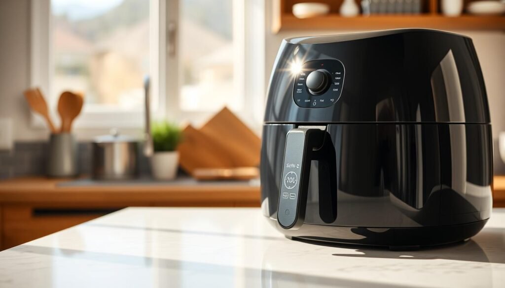 A clean and shiny air fryer sitting on a contemporary kitchen countertop, showcasing its external surface in focus. The sleek appliance features a digital control panel with clear time and temperature markings, highlighting careful maintenance. Sunlight filters through a nearby window, creating soft shadows and enhancing the glossy finish of the air fryer's exterior. In the background, blurred kitchen elements like modern utensils and a subtle decorative plant add a homey touch, emphasizing a tidy cooking space. The overall atmosphere conveys freshness and cleanliness, inviting the viewer to explore effective cleaning methods while preserving essential markings. The angle is slightly above eye level to capture both the front and top of the air fryer, making it the focal point of the image. A clean and shiny air fryer sitting on a contemporary kitchen countertop, showcasing its external surface in focus. The sleek appliance features a digital control panel with clear time and temperature markings, highlighting careful maintenance. Sunlight filters through a nearby window, creating soft shadows and enhancing the glossy finish of the air fryer's exterior. In the background, blurred kitchen elements like modern utensils and a subtle decorative plant add a homey touch, emphasizing a tidy cooking space. The overall atmosphere conveys freshness and cleanliness, inviting the viewer to explore effective cleaning methods while preserving essential markings. The angle is slightly above eye level to capture both the front and top of the air fryer, making it the focal point of the image.
