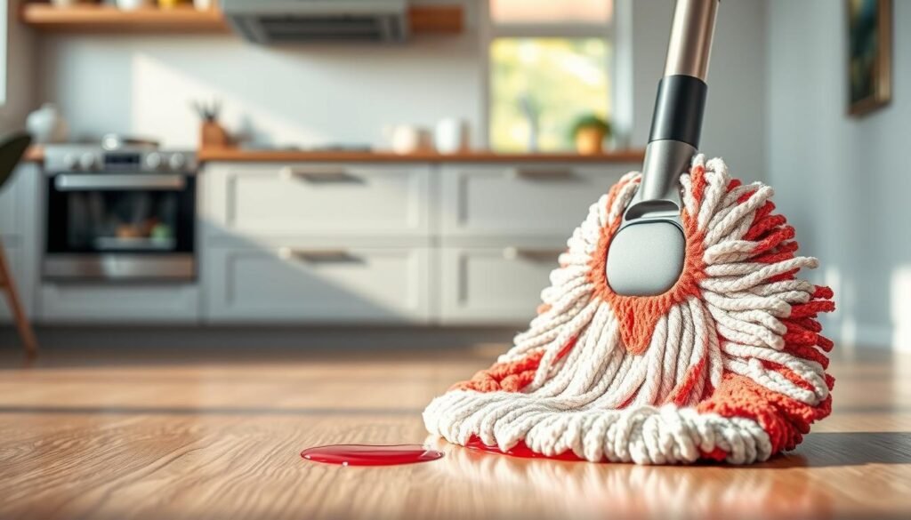 A close-up of a microfiber refill mop head designed for optimal absorption, with soft, textured fibers visibly soaking up a small spill of liquid. The mop head is prominently displayed in the foreground, showcasing its intricate design and vibrant colors. In the middle ground, a sleek, ergonomic mop handle is partially visible, emphasizing ease of use. The background features a clean, modern kitchen floor, conveying a sense of cleanliness and efficiency, with gentle, natural light casting soft shadows. The scene should evoke a welcoming and practical atmosphere, promoting thoughts of effective cleaning solutions and durability in household products. The image is sharp and detailed, with a slight depth of field blurring the background, creating focus on the mop's features.