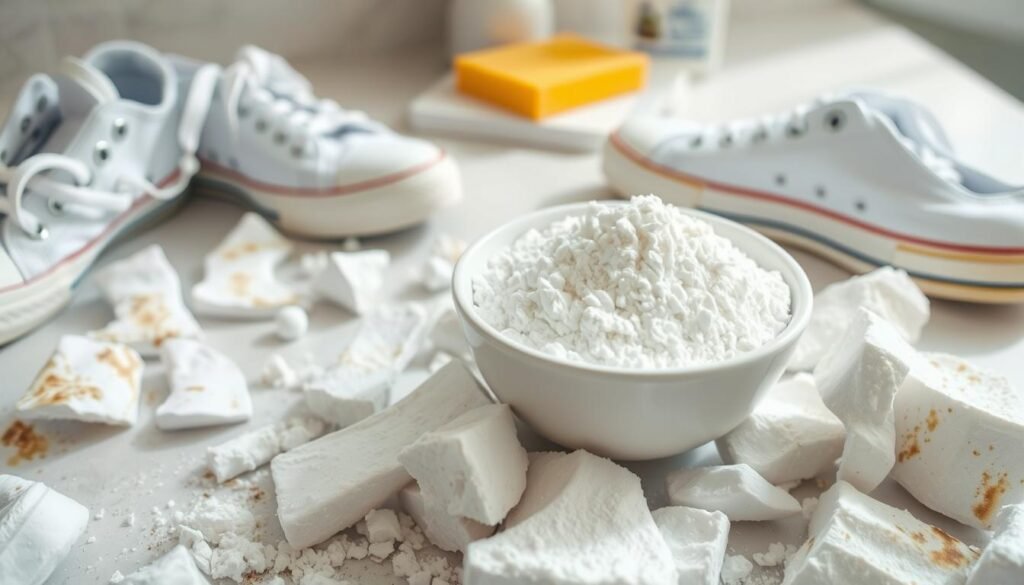 A close-up view of a small, white bowl filled with white bicarbonate powder, emphasizing its fine texture. Surrounding the bowl, there are scattered pieces of dirty white sneakers, showcasing various stains and marks. In the background, a softly blurred countertop with a few cleaning tools such as a sponge and a bottle of neutral detergent, hinting at a cleaning process. The lighting is bright and natural, highlighting the contrast between the white bicarbonate and the dirty sneakers. The atmosphere conveys a sense of cleanliness and practicality, inviting viewers to learn about effective cleaning methods. The image is composed from a slightly overhead angle, capturing the essence of a cleaning workspace without any distractions or text.