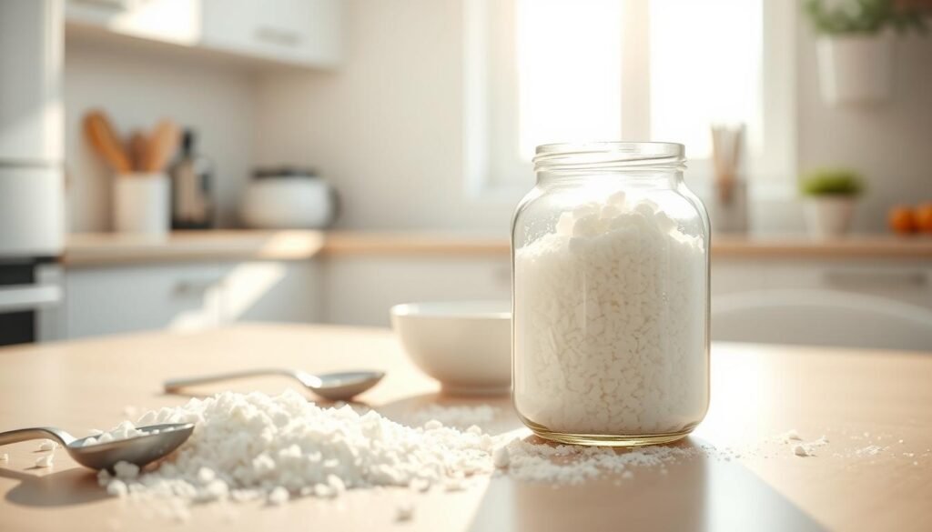 A crystal-clear jar of bicarbonato (baking soda) sits prominently in the foreground, its bright white granules catching the soft, diffused light. Surrounding the jar are scattered spoonfuls of bicarbonato, emphasizing its texture. In the middle ground, a small bowl contains a mixture of bicarbonato and water, visibly effervescing, hinting at its cleaning power. Behind, a blurred modern, minimalist kitchen countertop provides a clean and fresh atmosphere, with soft sunlight streaming in through a nearby window, creating gentle shadows. The mood is inviting and inspiring, suggesting a clean, efficient environment ideal for home cleaning hacks. The focus is on the bicarbonato, embodying its role as a key ingredient in effective home cleaning solutions.