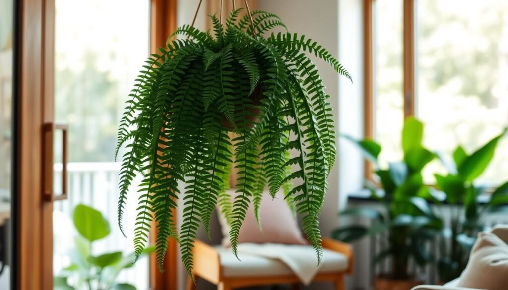 A lush and vibrant samambaia fern, elegantly cascading down from a modern plant hanger, dominates the foreground. Its deep green fronds are rich and textured, showcasing intricate patterns as they gracefully arch into the air. In the middle ground, a cozy, sunlit apartment corner features warm wooden accents and soft, neutral-toned furnishings, creating a tranquil atmosphere. The background consists of soft-focus greenery visible through a window, suggesting an outdoor garden presence. Natural light filters in, casting gentle shadows and illuminating the fern's delicate leaves. The entire scene exudes a serene and inviting mood, perfect for showcasing the beauty of easy-care indoor plants. No people are present in the image.