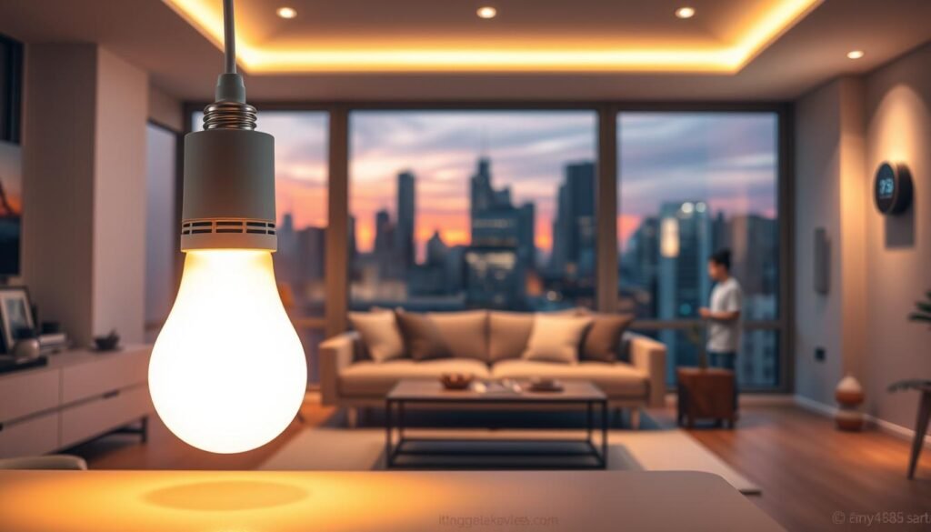 A modern, cost-effective smart home scene showcasing an array of affordable smart lighting solutions. In the foreground, a stylish smart bulb illuminates a cozy living room, casting a warm, inviting glow. The middle ground features a contemporary sofa with minimalist decor, including smart gadgets like a voice assistant device and a sleek thermostat on the wall. In the background, large windows reveal an urban skyline at dusk, enhancing the atmosphere with hues of orange and purple. The lighting is soft and warm, creating a welcoming environment that emphasizes comfort and smart living without overwhelming extravagance. The overall mood is optimistic and practical, capturing the essence of value and cost-benefit in smart home technology. A modern, cost-effective smart home scene showcasing an array of affordable smart lighting solutions. In the foreground, a stylish smart bulb illuminates a cozy living room, casting a warm, inviting glow. The middle ground features a contemporary sofa with minimalist decor, including smart gadgets like a voice assistant device and a sleek thermostat on the wall. In the background, large windows reveal an urban skyline at dusk, enhancing the atmosphere with hues of orange and purple. The lighting is soft and warm, creating a welcoming environment that emphasizes comfort and smart living without overwhelming extravagance. The overall mood is optimistic and practical, capturing the essence of value and cost-benefit in smart home technology.