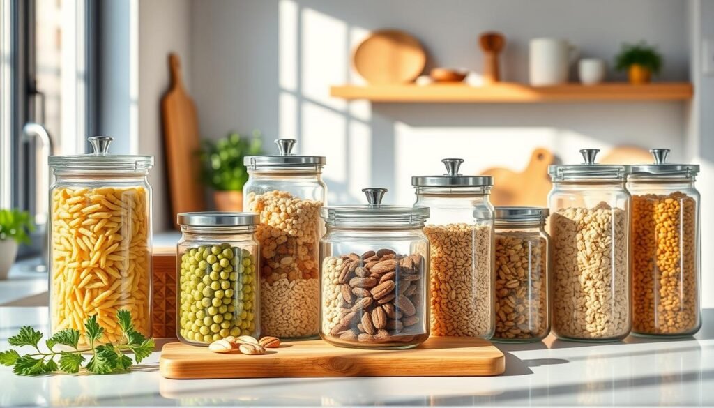 A modern kitchen countertop displaying an assortment of clear, airtight glass storage jars filled with various colorful dry foods like pasta, grains, and nuts. In the foreground, a beautifully organized row of sleek, cylindrical hermetic pots with polished metal lids reflects warm, natural sunlight from a nearby window, casting soft shadows. The middle ground features a rustic wooden cutting board and a fresh herb plant, enhancing the freshness of the scene. The background reveals a stylish kitchen with soft pastel colors and minimalistic decor, contributing to an inviting and organized atmosphere. The overall mood is clean, serene, and practical, perfect for illustrating efficient food storage solutions. The image should be well-lit, highlighting the transparency and contents of the jars without any text or overlays.
