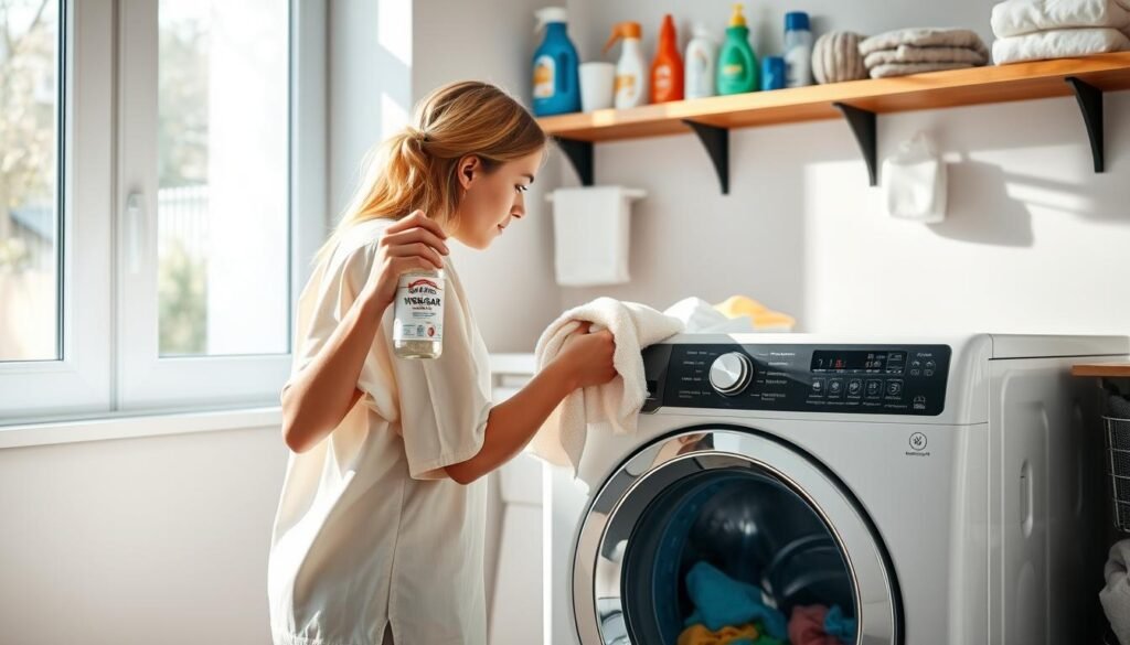 A modern laundry room scene, featuring a top-loading washing machine with a transparent lid showing vibrant blue water and colorful loads of laundry inside. In the foreground, a person dressed in simple, practical clothing is inspecting the machine, holding cleaning supplies like vinegar and a microfiber cloth. The middle of the image showcases the washing machine against a wall adorned with neatly arranged laundry essentials, such as detergent bottles and fabric softener. Natural light floods the room through a window, casting soft shadows and creating a fresh, clean atmosphere. The overall mood reflects a sense of organization and practical efficiency, emphasizing common practices for maintaining a washing machine without residue.