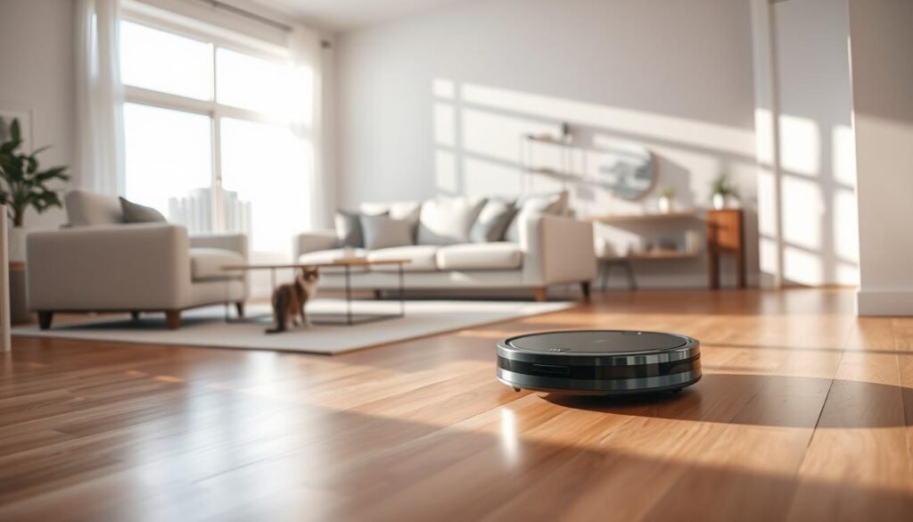 A modern, sleek robotic vacuum cleaner navigating a spacious, contemporary living room. In the foreground, the vacuum efficiently moves across a polished hardwood floor, leaving a clean trail behind. In the middle ground, a bright, stylish sofa and coffee table are positioned harmoniously, while a curious cat watches with interest. The background features large windows allowing soft, natural sunlight to pour in, illuminating the room and creating inviting shadows. The lens captures a slightly angled view to emphasize the design of the vacuum. The atmosphere is warm and homey, evoking a sense of relaxation and cleanliness. The overall mood highlights the efficiency and autonomy of advanced cleaning technology.