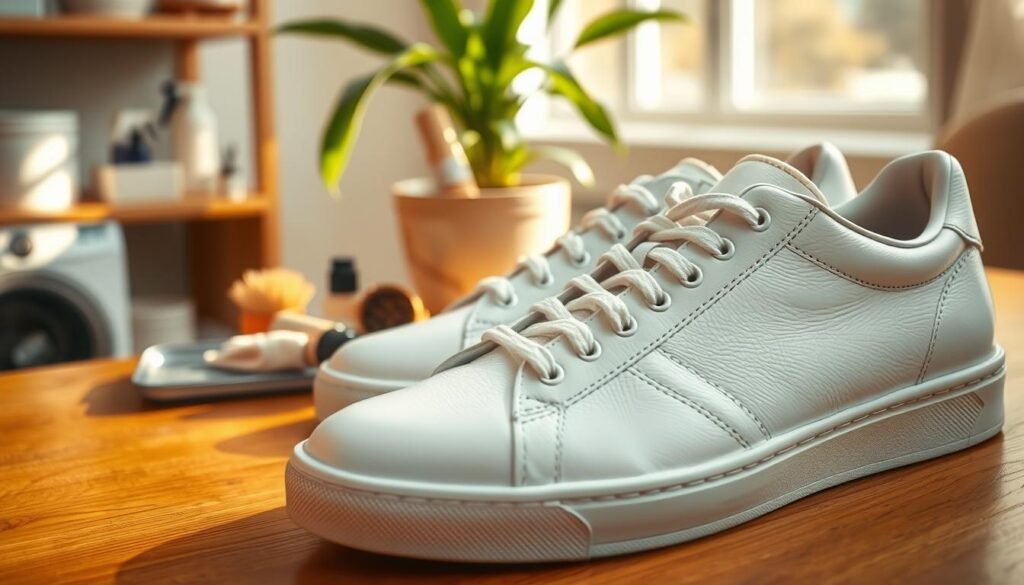 A pristine pair of white leather sneakers, showcasing a sleek and modern design, placed on a polished wooden surface. The foreground features the smooth texture of the leather, highlighting subtle reflections and intricate stitching details. In the middle, a softly lit cleaning kit with brushes and cloths lies adjacent to the sneakers, suggesting an impending cleaning process. The background is a softly blurred, well-organized space with hints of cleaning supplies and a vibrant green plant, infusing freshness into the scene. The lighting is warm and inviting, creating a bright and clean atmosphere that emphasizes the sneakers' pristine appearance. The angle captures the sneakers from a slightly elevated perspective, making the overall tone professional and polished.