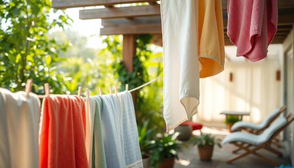 A serene drying area featuring freshly washed towels hanging in a shaded outdoor space. In the foreground, colorful towels are neatly hung on a wooden clothesline, gently swaying in a light breeze. In the middle ground, lush green plants and subtle hints of sunlight peek through, hinting at the importance of ventilation for effective drying. In the background, a soft-focus view of a cozy, sunlit patio area adds a tranquil ambiance. The scene is illuminated by natural, diffused light, creating a warm and inviting atmosphere. Capture this moment with a slightly elevated angle to emphasize the towels’ textures while conveying a sense of freshness and care in laundry practices.