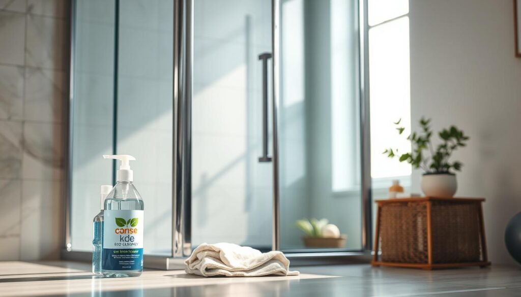 A sleek, modern bathroom shower box made of transparent glass, featuring a polished chrome frame. The box is partially open, revealing gleaming tiles and a subtle, elegant pattern on the glass surface. The scene is well-lit with soft, natural light streaming in from a nearby window, casting gentle reflections on the glass. In the foreground, a bottle of eco-friendly cleaning solution and a soft cloth are prominently displayed, suggesting the theme of cleaning and maintenance. In the background, a neatly arranged array of bathroom essentials adds a touch of warmth to the atmosphere, while a small potted plant introduces a hint of greenery, promoting a fresh and inviting ambiance. The overall mood is serene and professional, ideal for a home improvement context.