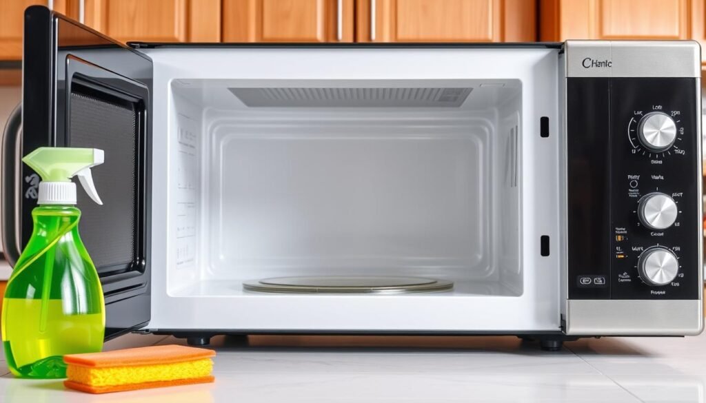A sparkling clean microwave oven sits on a kitchen countertop, its glossy surface reflecting soft overhead lighting. In the foreground, vibrant green and yellow cleaning supplies, including a sponge and spray bottle, hint at a thorough cleaning process. The middle ground features an open microwave door, revealing an immaculate interior with no signs of stains or odors. In the background, a tidy kitchen setting with wooden cabinets and a well-organized countertop enhances the overall cleanliness and orderliness. The atmosphere is fresh and inviting, promoting a sense of hygiene and preventive care. Shot from a slightly elevated angle to capture all elements while maintaining focus on the microwave itself, the image exudes a bright and cheerful mood, perfect for encouraging daily maintenance.