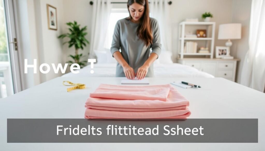 A step-by-step visual guide on folding a fitted sheet, featuring a neatly arranged workspace. In the foreground, a clean, spacious table is displayed with a colorful, neatly folded elastic sheet prominently placed in the center. Surrounding it are helpful tools like a measuring tape and notepad. The middle layer showcases an individual, dressed in modest casual clothes, demonstrating the folding technique with focused attention. In the background, a well-lit and organized home interior hints at a cozy atmosphere, with soft natural light illuminating the scene through a window. The camera angle captures the action from a slightly elevated perspective, offering a clear view of the sheet folding process while maintaining a calm and instructional mood.