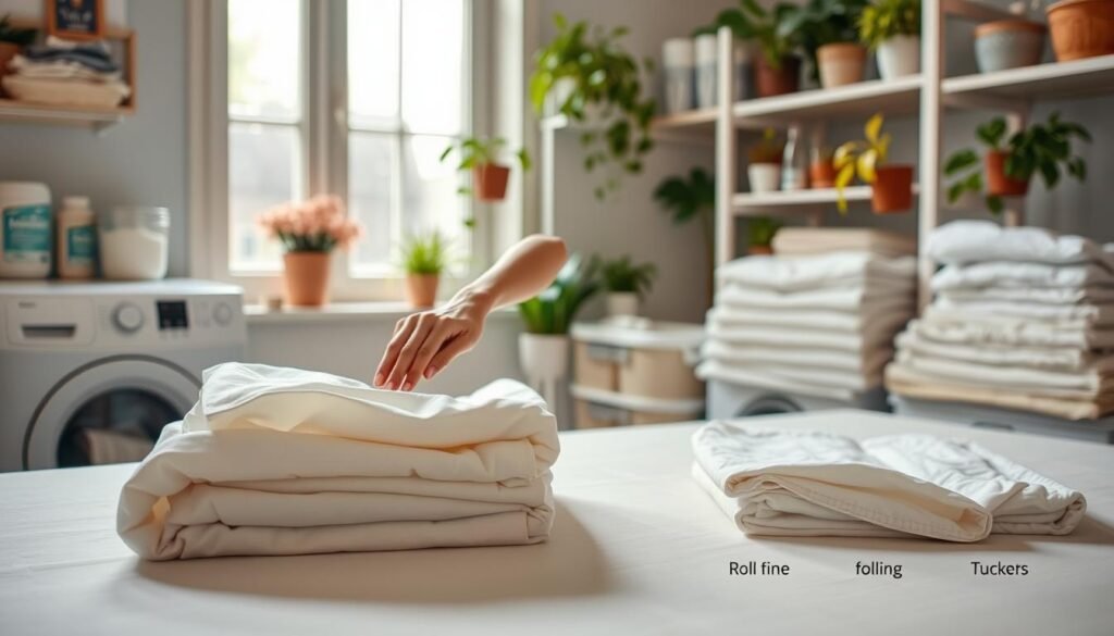 A well-lit, cozy laundry room setting featuring a neatly folded elastic sheet on a table. In the foreground, a person wearing casual, comfortable clothing demonstrates a method to fold the sheet, showing precise hand movements. The middle ground includes an organized stack of freshly laundered sheets, with a few separate pieces illustrating alternative folding techniques such as rolling and tucking. The background has shelves filled with laundry supplies and vibrant houseplants, creating a warm and inviting atmosphere. Soft, natural lighting filters in through a nearby window, enhancing the peaceful mood of this everyday task. The image exudes a sense of practicality and ease, perfect for visualizing handy tips for folding elastic sheets.