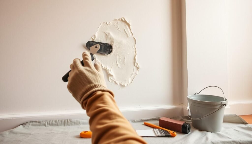 A well-lit indoor scene demonstrating the step-by-step process of patching a hole in a wall. In the foreground, there is a close-up view of a person's hands wearing modest, casual work gloves, skillfully applying spackle to a hole with a putty knife. The middle layer features a partially patched wall, showcasing the smooth texture of freshly applied spackle, highlighting the contrast between the patched area and the surrounding wall. In the background, tools like a sanding block, a small bucket of paint, and a paintbrush are neatly arranged on a drop cloth, creating a sense of an organized workspace. Soft, natural lighting enhances the warmth of the scene, evoking a feeling of productivity and DIY spirit. The angle is slightly elevated, capturing both the action and the tools in an inviting atmosphere.