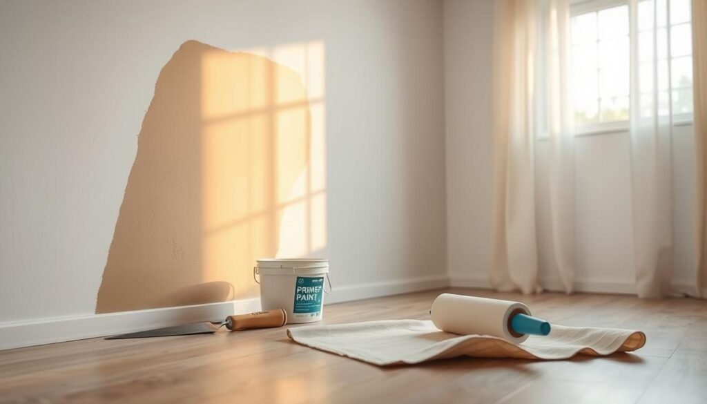 A well-lit, serene interior scene showcasing the drying process of a wall repair. In the foreground, a smooth, freshly patched wall reflects a slight sheen, indicating moisture drying. Tools like a putty knife and sandpaper are neatly arranged beside a small bucket of primer paint. In the middle ground, a subtle play of warm light highlights the contours of the wall, while the paint roller is resting on top of a protective drop cloth. The background features a soft-focus window allowing natural light to cascade into the room, enhancing the tranquil atmosphere. The overall mood is professional and calm, evoking a sense of meticulous care in home improvement. No text or distractions clutter the image.