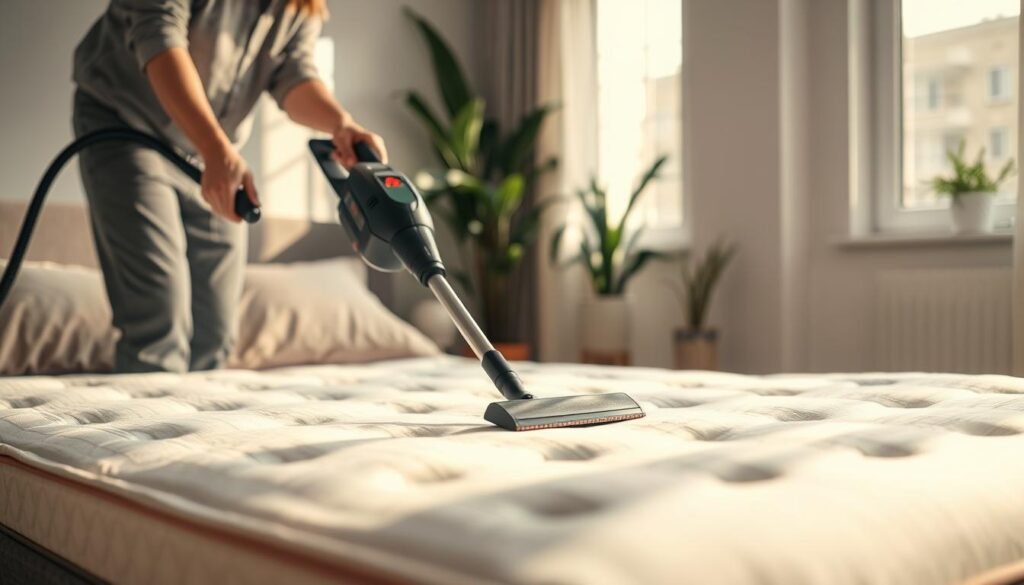 A well-organized bedroom featuring a neatly made mattress, showcasing a modern, stylish bed frame with plush pillows. In the foreground, a person in modest casual clothing is gently vacuuming the mattress with a handheld cleaner, emphasizing the importance of regular upkeep. The middle ground highlights the mattress details—soft fabric, light colors, and quilted texture. In the background, natural light streams through a window, creating a warm and inviting atmosphere, while houseplants add a touch of freshness to the scene. The overall mood is calm and tidy, conveying a sense of care and cleanliness in mattress maintenance.