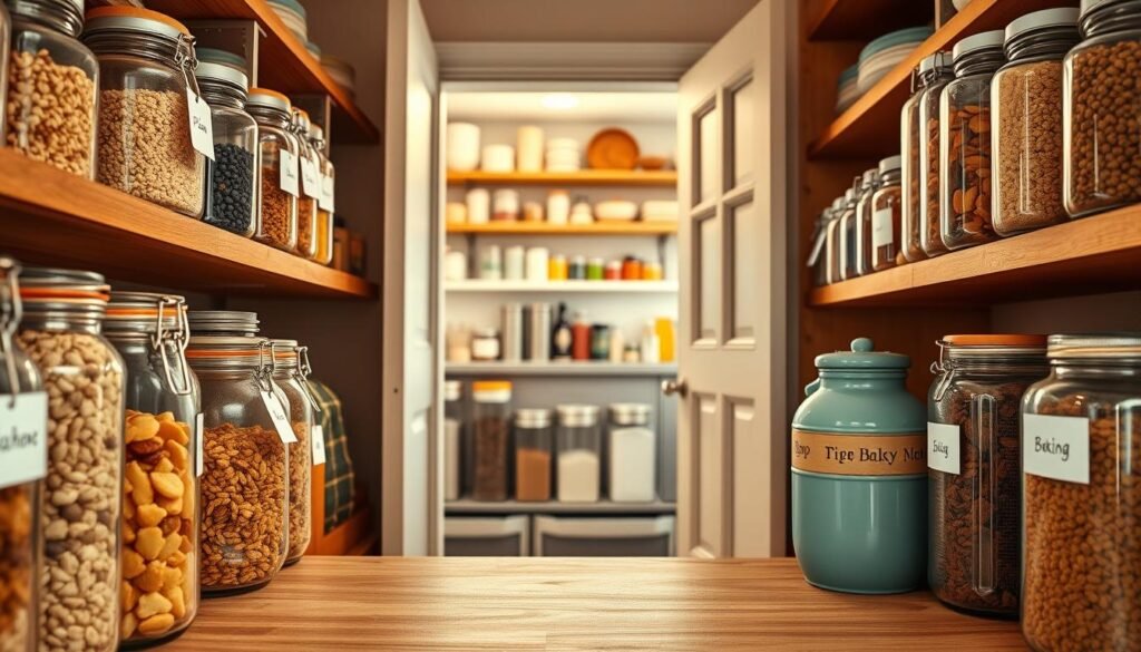 A well-organized kitchen pantry filled with colorful, airtight glass jars and containers neatly arranged on wooden shelves. The foreground features a few jars filled with grains, dried fruits, and nuts, all labeled with stylish yet minimalistic tags. In the middle, a beautifully organized space shows canisters for spices and baking supplies, creating an inviting atmosphere. The background showcases an open door leading to a well-lit kitchen with warm, natural light streaming in, enhancing the cozy and tidy environment. Use a warm, inviting color palette and a soft focus effect to evoke a sense of harmony and efficiency in home organization. The image should have a calm and orderly mood, encouraging viewers to embrace pantry organization.