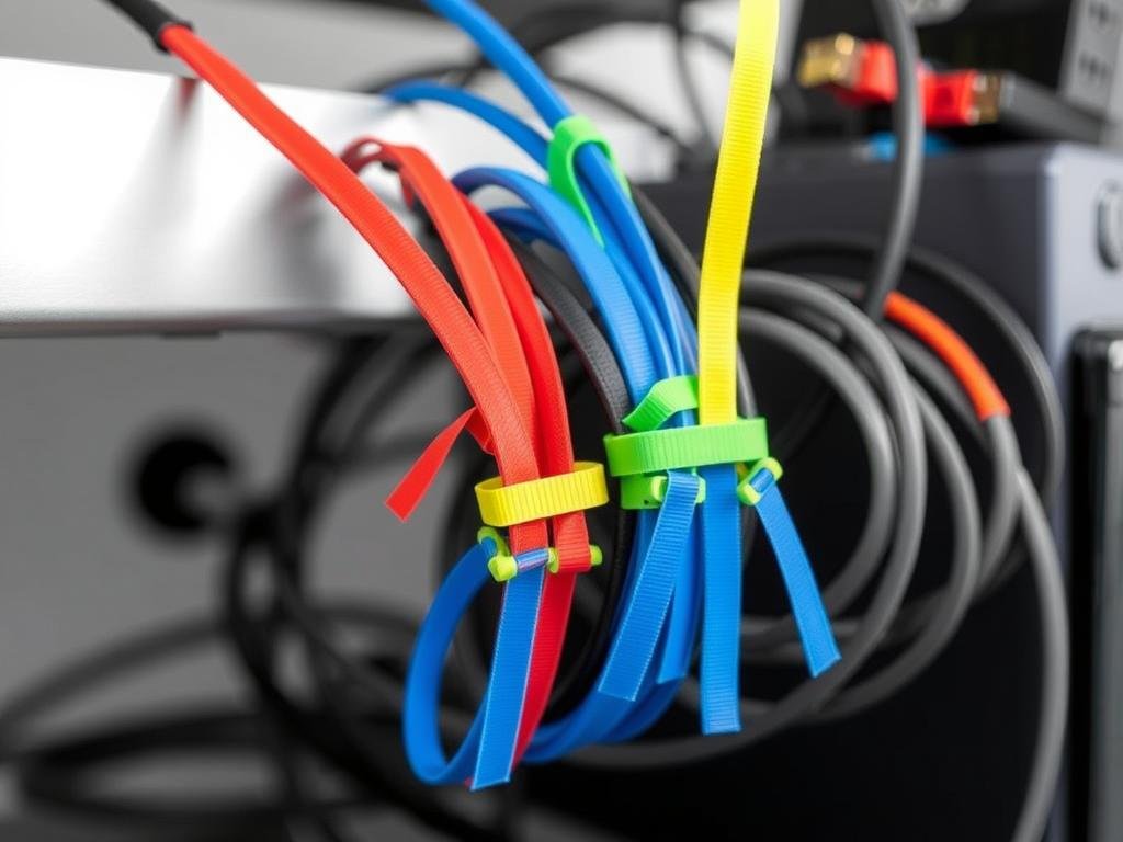 Abraçadeiras de velcro coloridas organizando múltiplos cabos