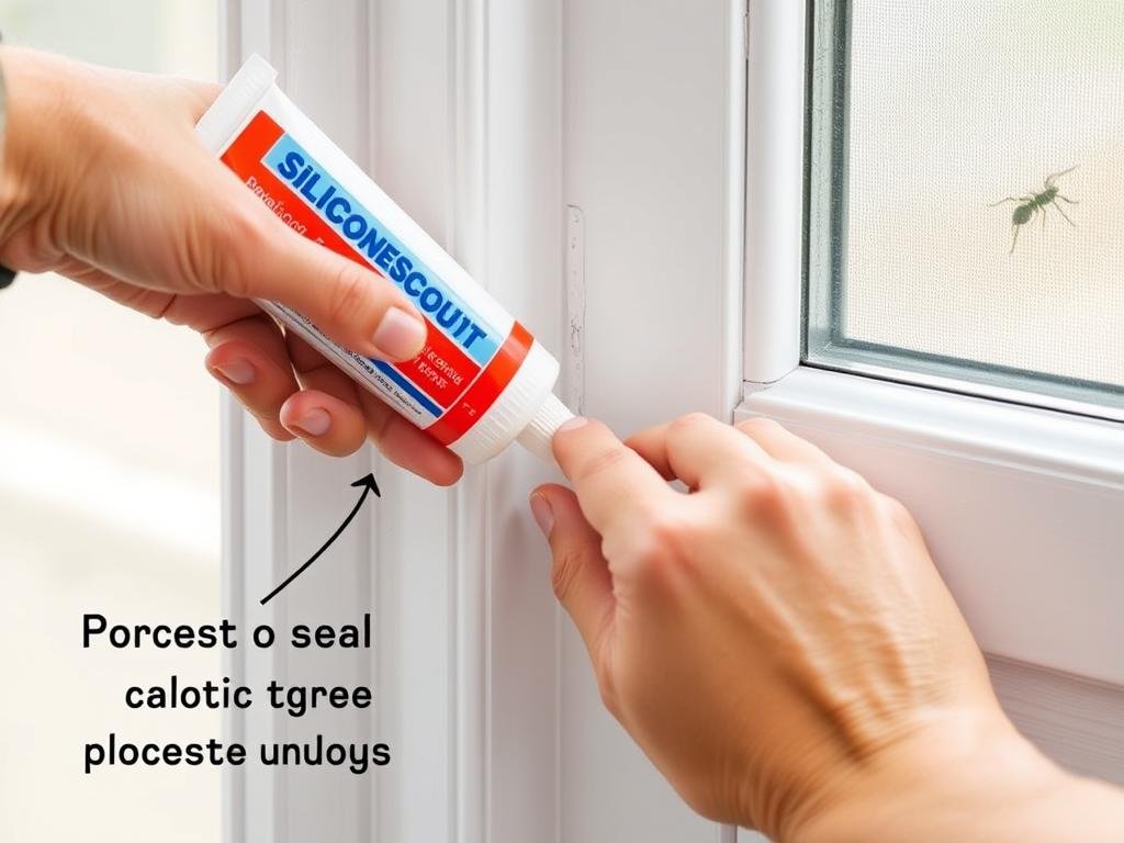 Aplicação de silicone para vedar frestas em janelas e portas, impedindo a entrada de formigas