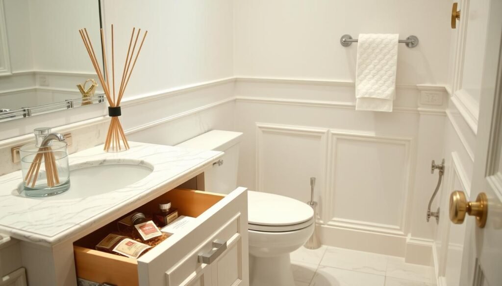 Banheiro elegante com todos os elementos aromáticos combinados Banheiro elegante com todos os elementos aromáticos combinados