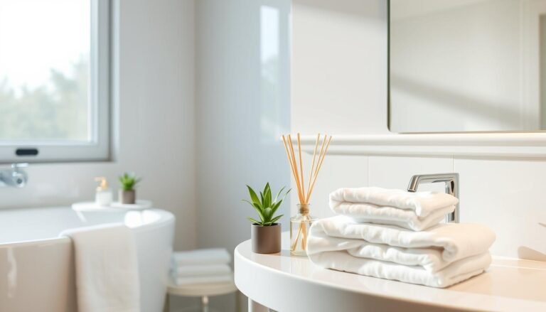 Banheiro limpo e perfumado com elementos decorativos que ajudam a manter o cheiro agradável