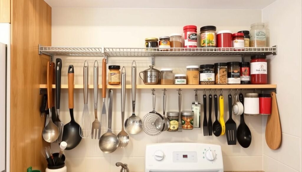 Barra multiuso na parede da cozinha com utensílios pendurados