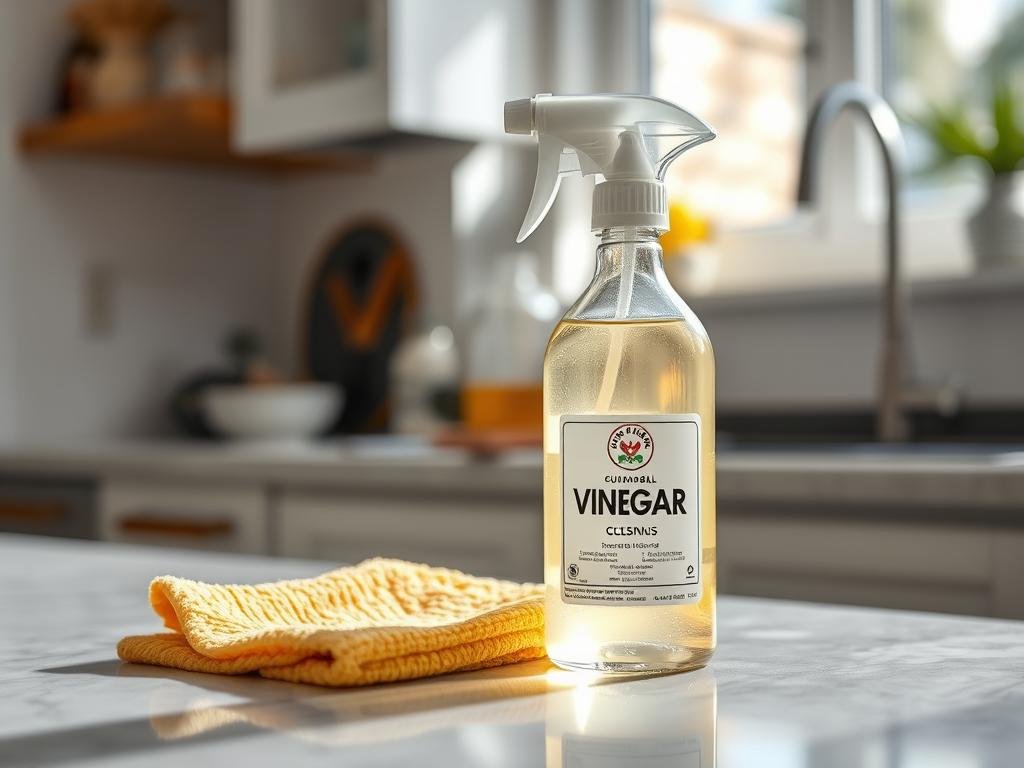Borrifador com solução de vinagre e água ao lado de um pano de limpeza na cozinha