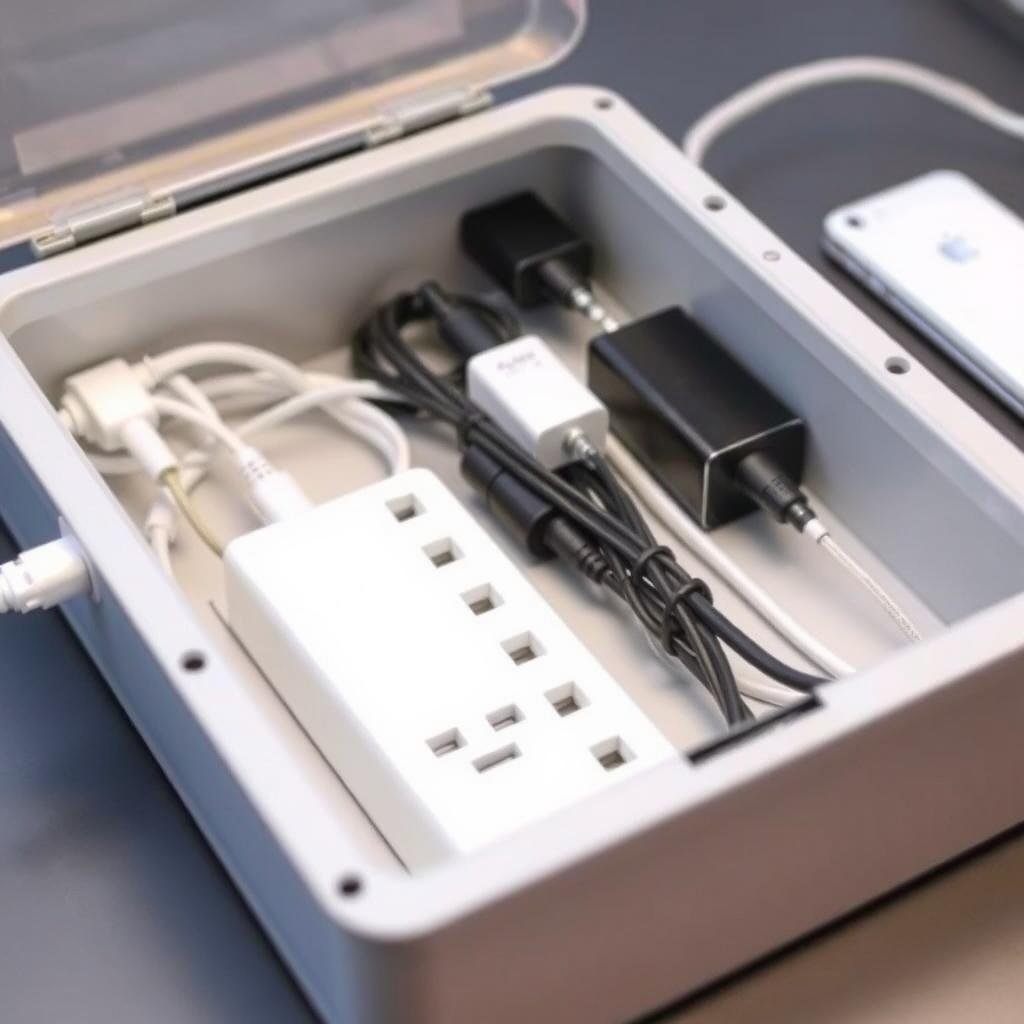 Caixa organizadora de cabos comercial com régua de energia dentro