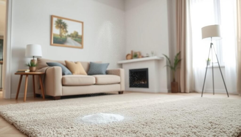 Carpete sendo tratado com bicarbonato para eliminar odores