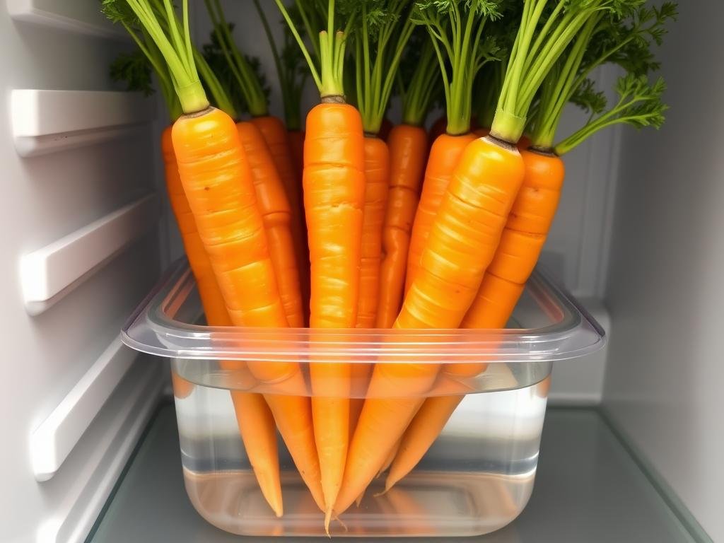 Cenouras conservadas em recipiente com água na geladeira, mostrando como conservar alimentos na geladeira por mais tempo