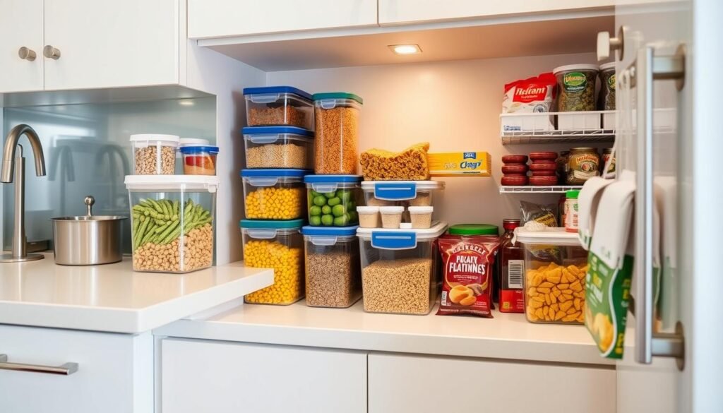 Cozinha organizada com alimentos armazenados em potes herméticos para prevenir formigas