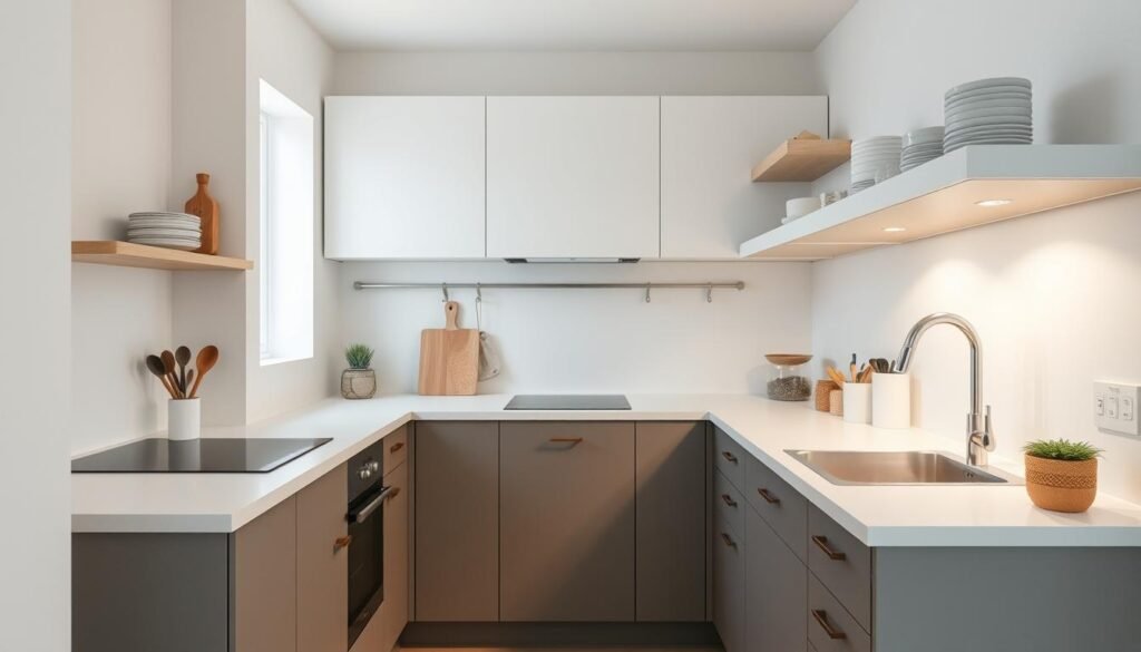 Cozinha pequena com organização minimalista e funcional