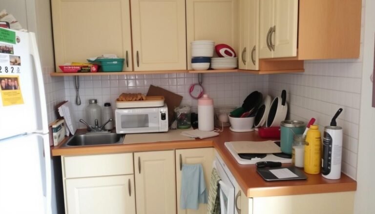 Cozinha pequena com poucos armários mostrando o problema de espaço