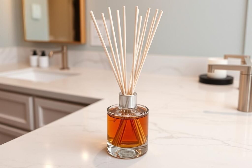 Difusor de varetas elegante em um banheiro moderno Difusor de varetas elegante em um banheiro moderno