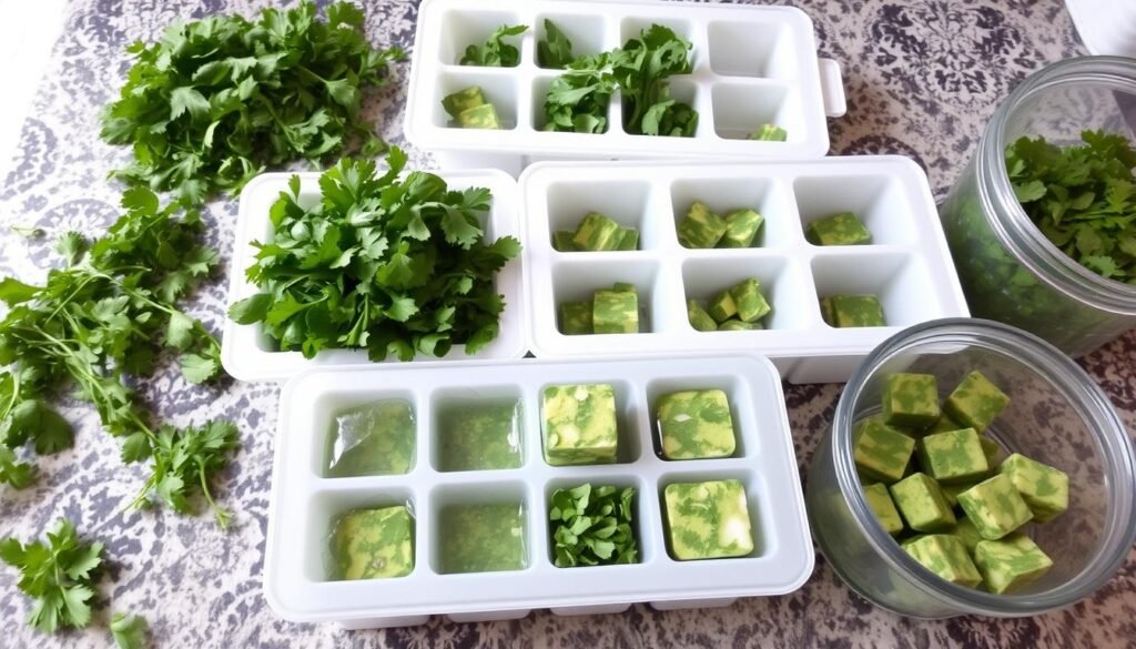 Ervas frescas sendo preparadas para congelamento em formas de gelo, mostrando como conservar alimentos na geladeira e freezer