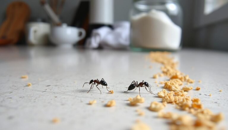 Formigas pequenas seguindo uma trilha de migalhas na bancada da cozinha