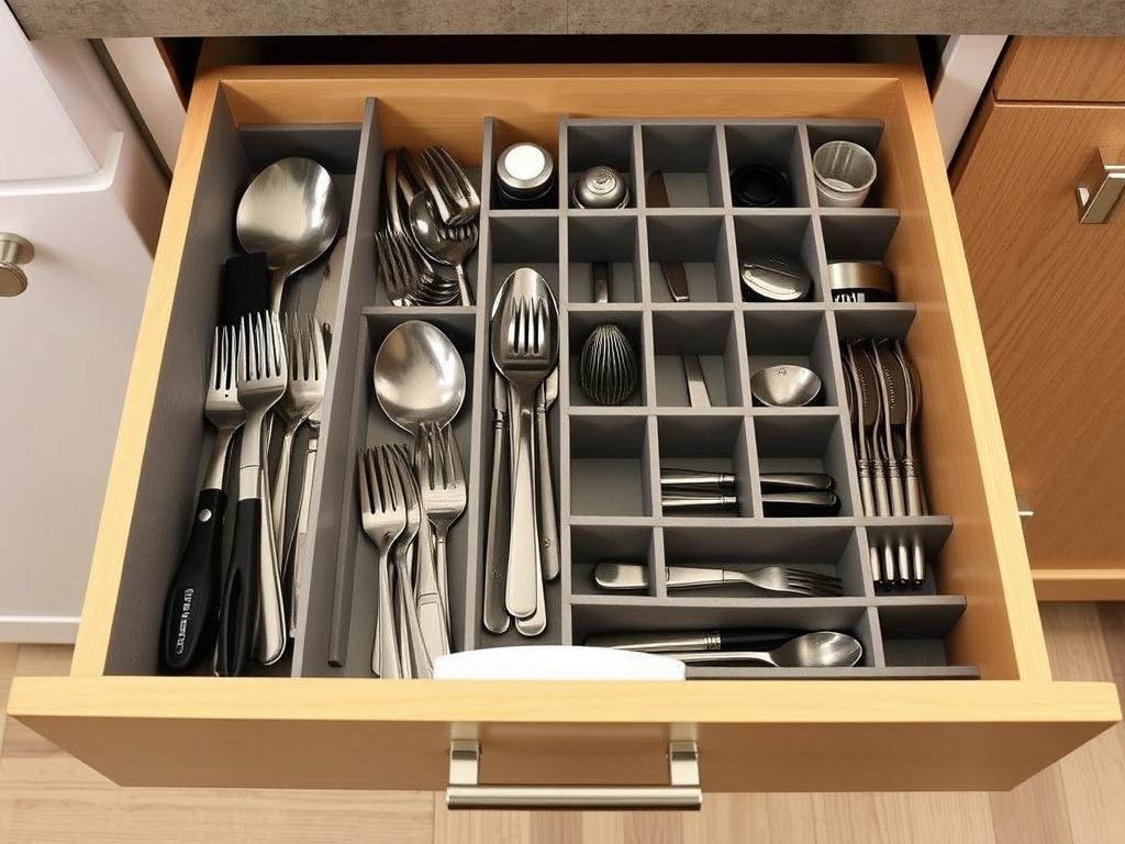 Gaveta de cozinha com divisórias ajustáveis organizando utensílios