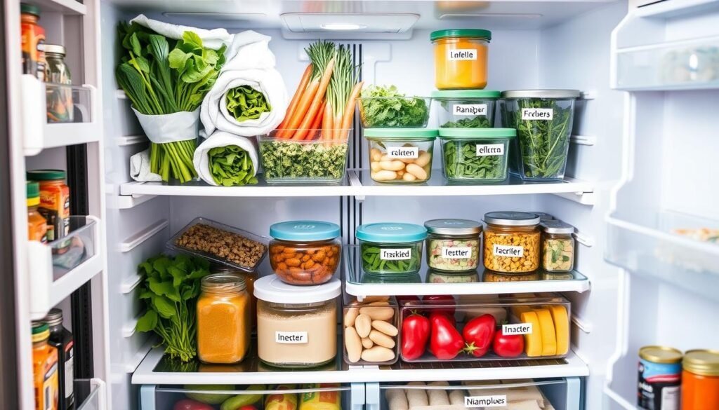 Geladeira bem organizada com alimentos frescos e bem conservados, ilustrando como conservar alimentos na geladeira eficientemente