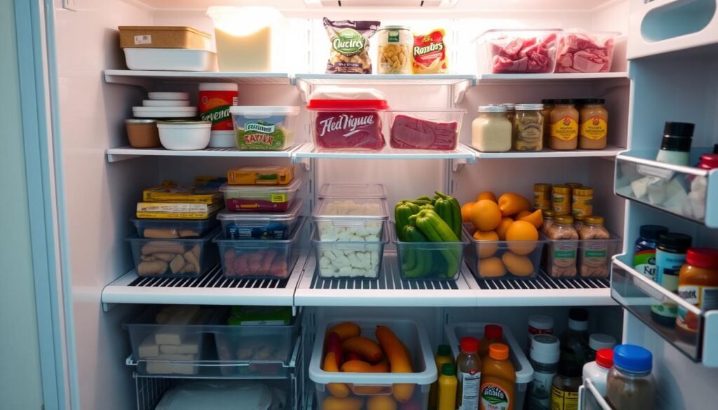 Geladeira perfeitamente organizada com alimentos nas prateleiras corretas, mostrando como conservar alimentos na geladeira de forma eficiente
