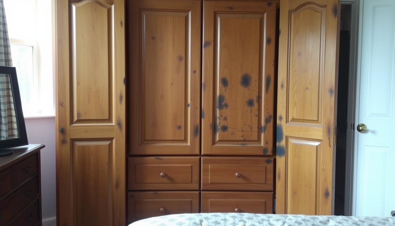 Guarda-roupa com sinais de mofo nas portas e gavetas