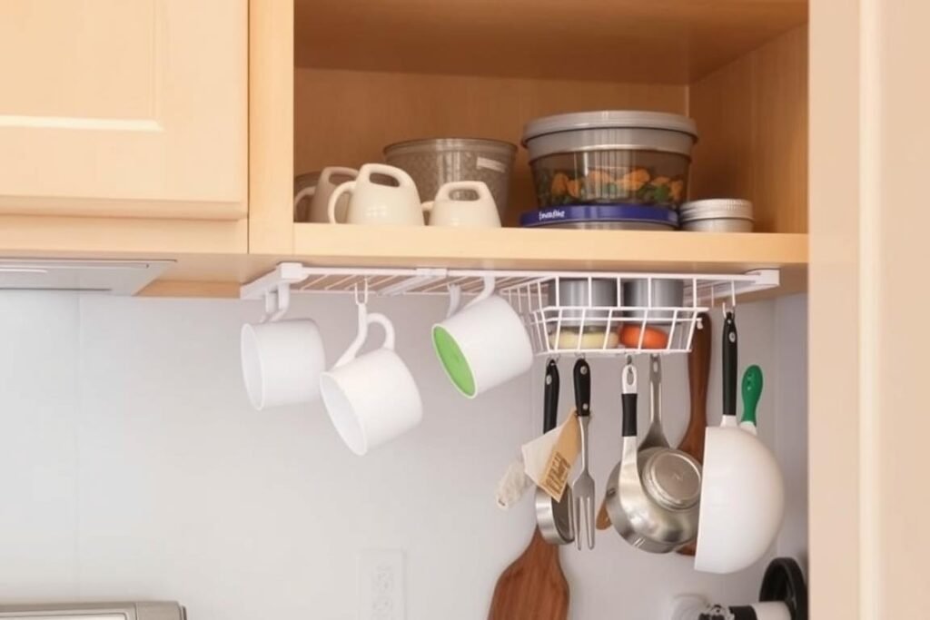 Organizador suspenso para armário de cozinha pequena