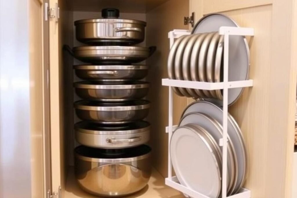 Organizador vertical para panelas e tampas em uma cozinha pequena