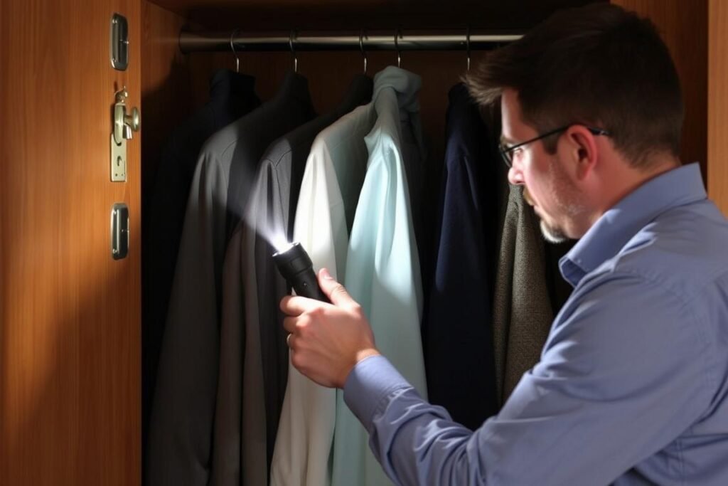 Pessoa inspecionando guarda-roupa em busca de sinais de mofo Pessoa inspecionando guarda-roupa em busca de sinais de mofo