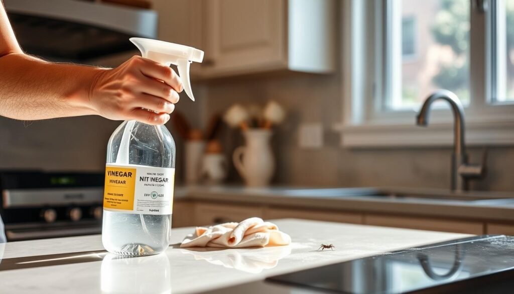 Pessoa limpando bancada da cozinha com solução de vinagre para eliminar rastros de formigas