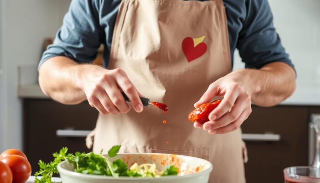 Pessoa usando avental durante o preparo de alimentos