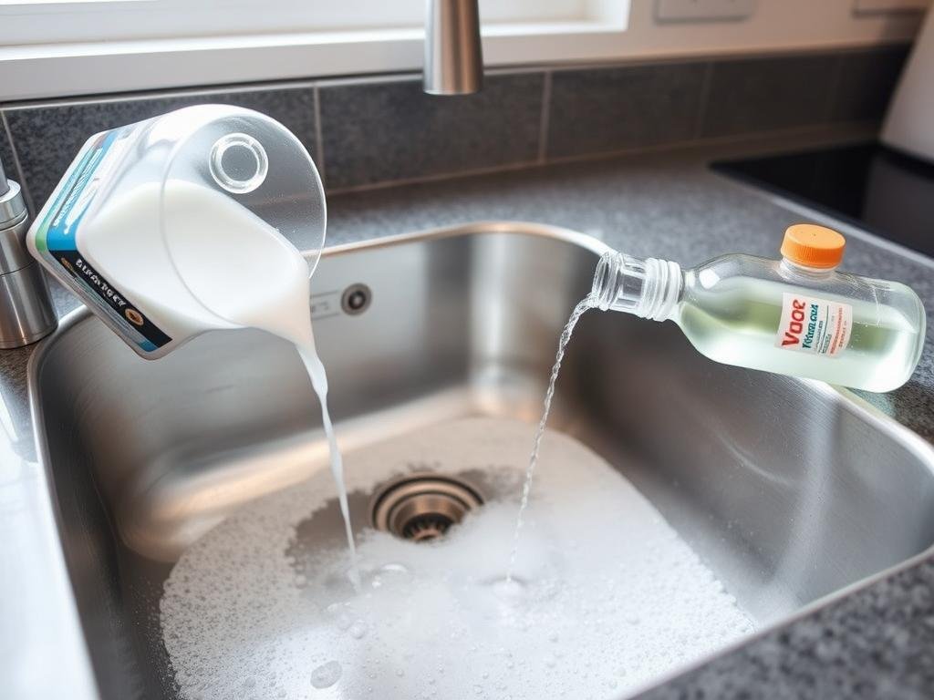 Pia de cozinha sendo desentupida com vinagre e bicarbonato