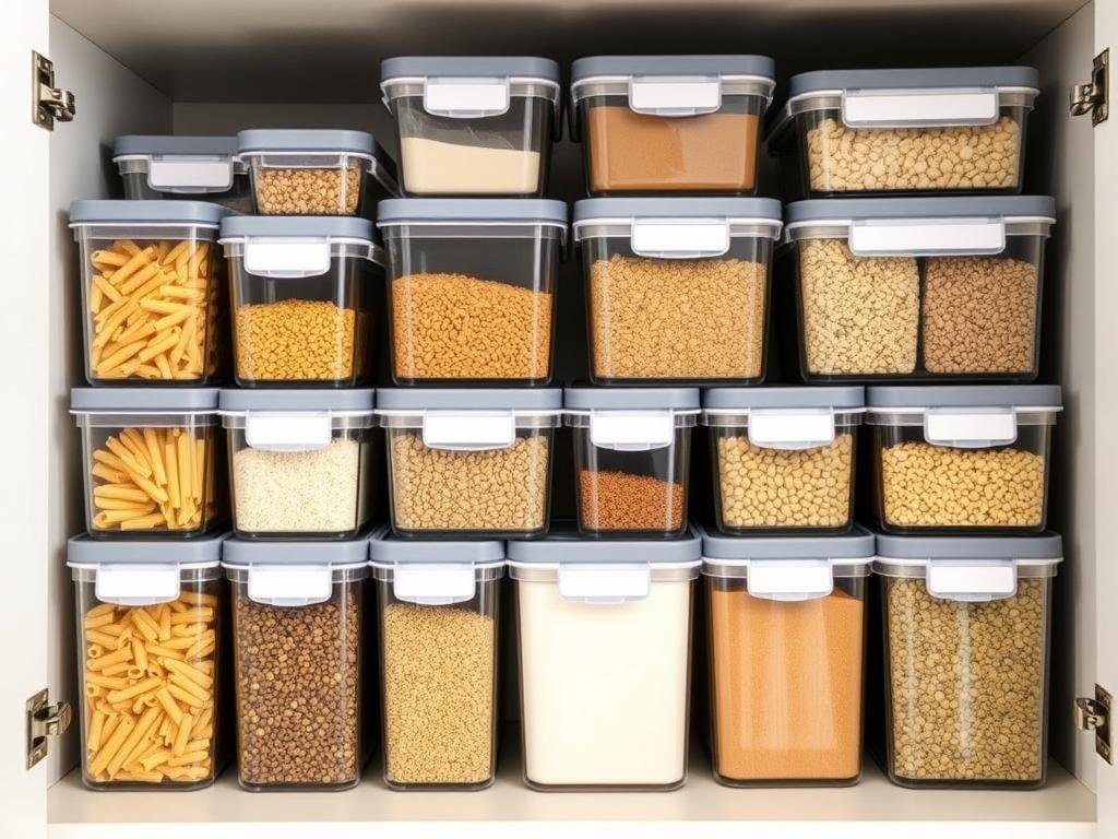 Potes herméticos quadrados organizando alimentos em uma cozinha pequena