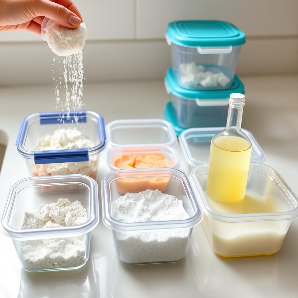 Potes plásticos sendo limpos com vinagre e bicarbonato para remover odores