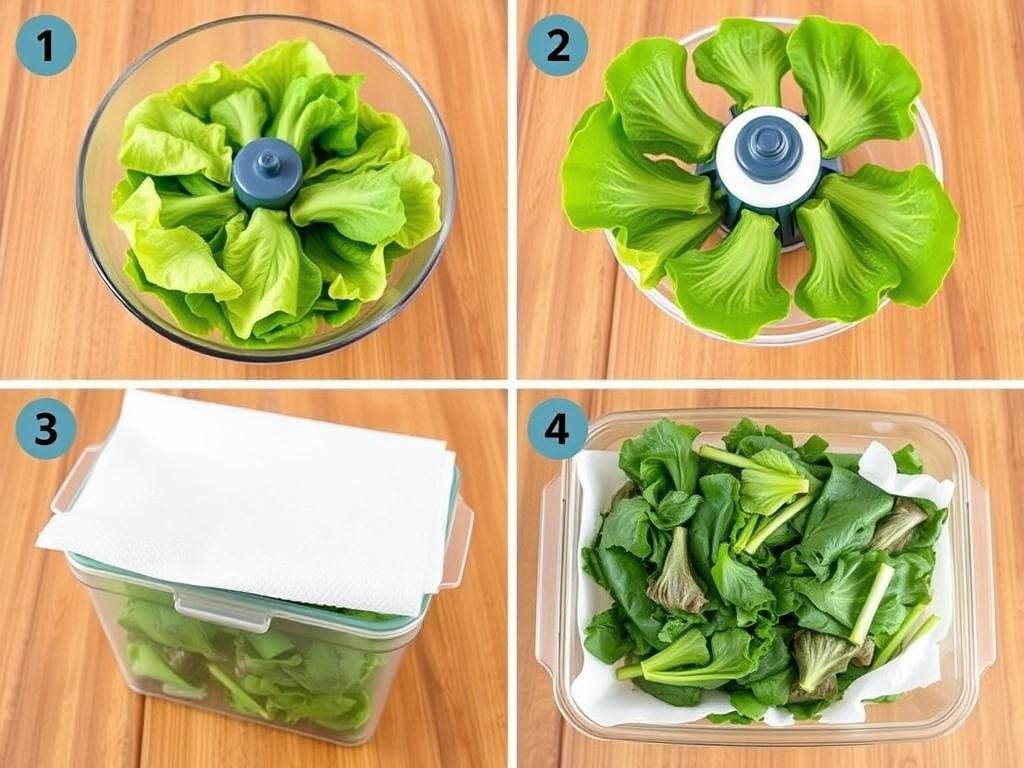 Processo passo a passo de embalar folhas verdes com papel toalha para conservar alimentos na geladeira