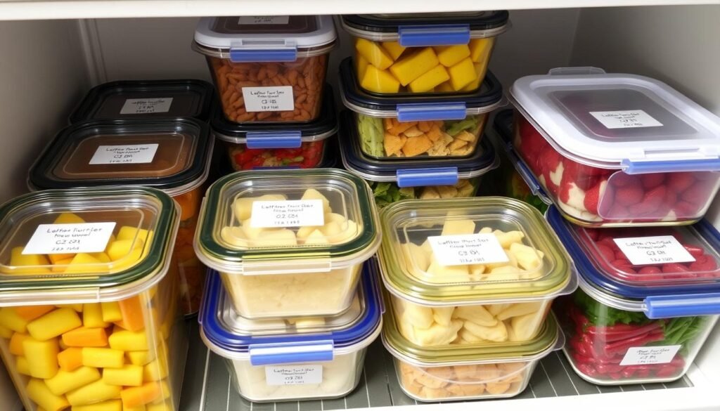 Recipientes com sobras etiquetados com data de validade na geladeira, exemplificando como conservar alimentos na geladeira